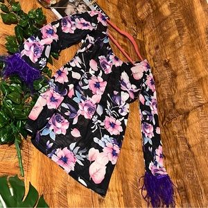 6.Floral mesh mini dress w purple feathers on wrist size S/M